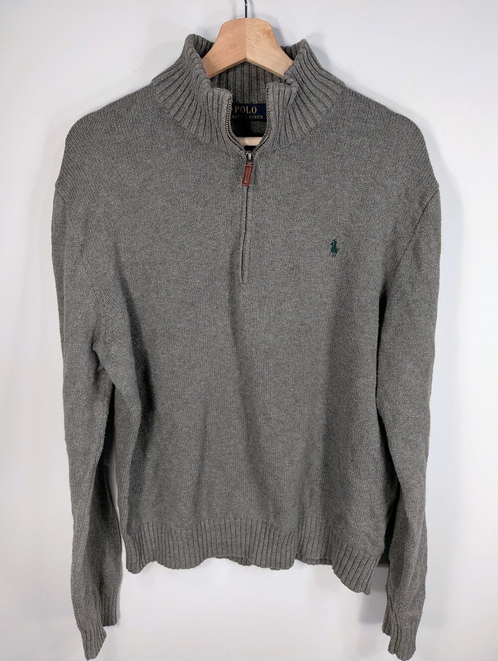 Polo Ralph Lauren Men's Quarter Zip Sweater L Gray Cotton Leather Pull